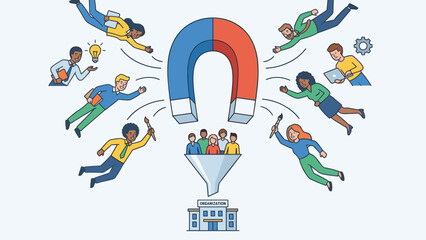 Talent acquisition magnet and recruitment funnel. Attracting diverse skilled professionals to organization. HR hiring strategy concept. Business flat vector illustration.
