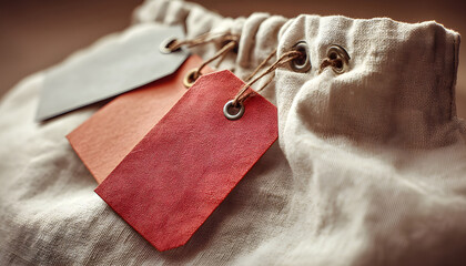 A close-up view of a laundry bag with tags attached, ideal for use in s about organization or personal accessories