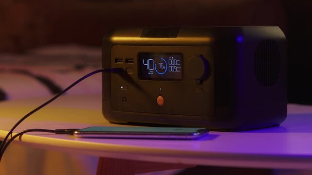 A portable power station is actively charging a mobile phone, displaying power output and battery percentage on its screen