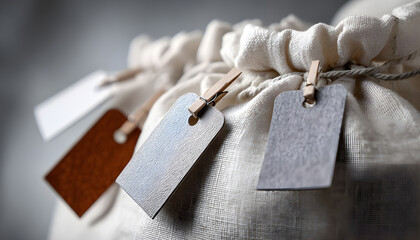 A close-up view of a laundry bag with tags attached, ideal for use in s about organization or personal accessories