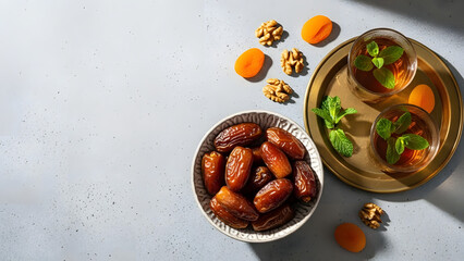 A top-down view showcases a healthy spread of dates, dried apricots, walnuts, and mint tea, ideal for a nutritious snack or dessert.