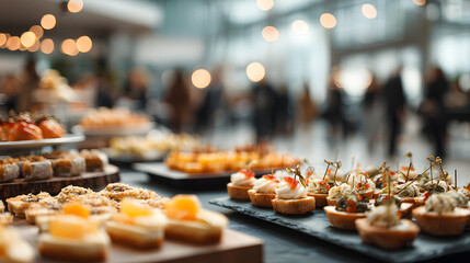 corporate networking event with buffet spread business professionals mingle interact over food drinks in modern office setting blurred background emphasizes social gathering teamwork company