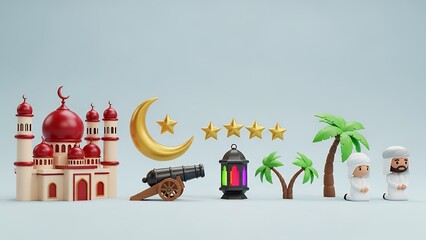 A collection of Islamic symbols including a mosque crescent moon with stars cannon lantern palm trees and stylized figures of men in traditional attire Ramadan celebration