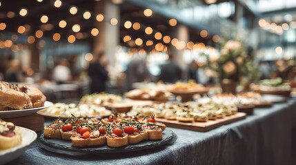 corporate networking event with buffet spread business professionals mingle interact over food drinks in modern office setting blurred background emphasizes social gathering teamwork company