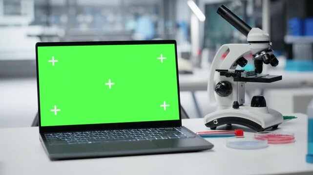 Isolated screen laptop on lab workbench next to microscope and liquid samples. Chroma key notebook on research station prepared for analyzing experimental data from chemical solution tests
