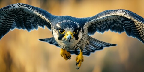 A bird with a yellow beak flying in the air. The bird has black and white feathers