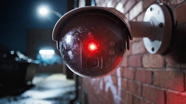 A security camera with a red light is mounted on a brick wall in a dimly lit alleyway at night