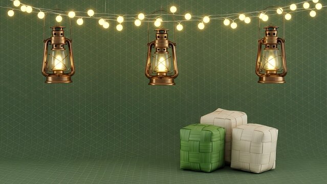 Three ornate vintage brass lanterns hang above woven bamboo rice dumplings on a green geometric patterned surface illuminated by string lights hanging glowing illumination - Powered by Adobe