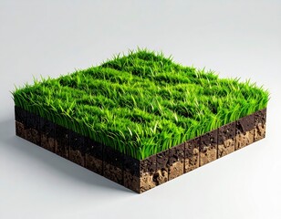 Isometric green grass blocks with earth soil layers for nature landscape and environment design. Generated image