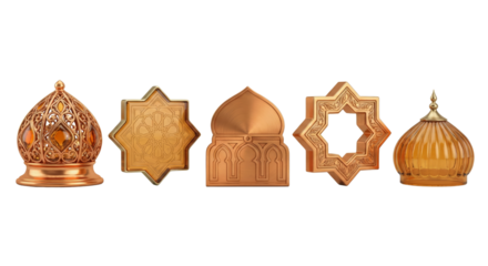 Islamic Architecture Elements: Domes and Ornate Geometric Patterns on White Background