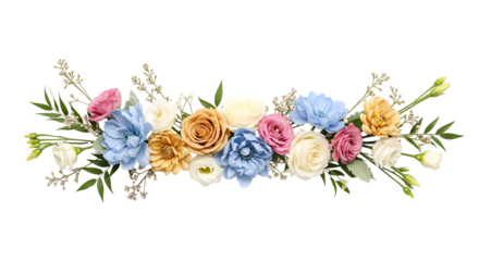 A colorful floral arrangement of various flowers, presented in a row on a backdrop, isolated on transparent background