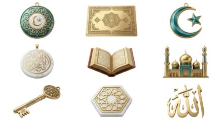 Islamic Symbols Collection: Mosque, Quran, Crescent Moon, Allah, Key, Rug, Medallion