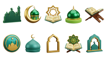 Islamic Symbols Collection: Mosque, Crescent Moon, Quran, Dome, Star - Green & Gold 3D Icons