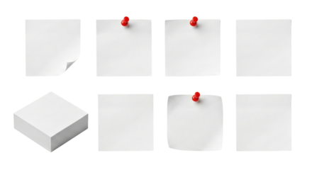 Set of Blank White Paper Notes Pinned and Stacked Isolated on White