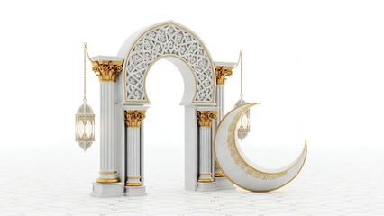 Ornate Islamic archway with hanging lanterns and crescent moon featuring intricate geometric patterns and classical columns with golden accents Ramadan Eid celebration traditional