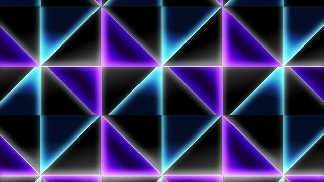 Abstract geometric pattern with glowing blue and purple neon triangles loop animation on dark background