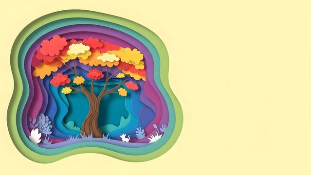Vibrant Layered Paper Cut Forest Scene with a Colorful Tree and Abstract Foliage, Soft Yellow Background and Side Blank Space for Text or Design

