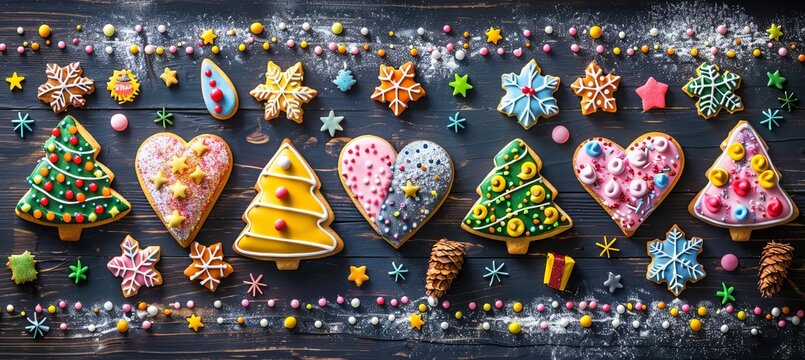 Festive flat lay of colorful christmas cookies decorated with icing in a joyful holiday setting - Powered by Adobe