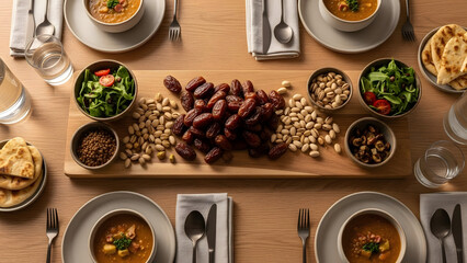 An inviting overhead view of a festive Iftar table laden with bowls of soup, platters of dates, nuts, and fresh salads, ready for a communal meal.