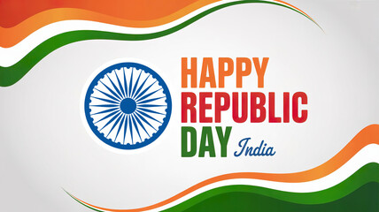 A vibrant graphic celebrating Happy Republic Day in India with a wheel and wavy tricolor lines