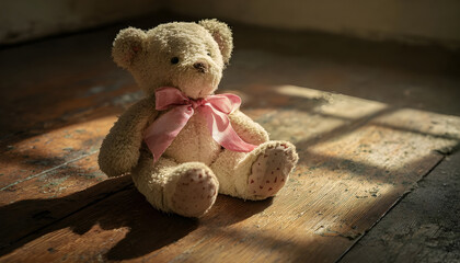 Abandoned soft teddy bear adorned with a pink ribbon rests on aged hardwood flooring. Specks of dust dance in a golden sunbeam