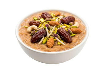 vermicelli kheer with dates and nuts in a white bowl