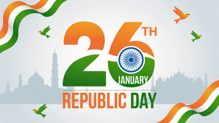 A vibrant graphic design celebrating India's Republic Day on January 26th with patriotic colors and symbols.