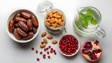 An overhead shot displays a vibrant assortment of healthy superfoods, including dates, almonds, pomegranates, and refreshing mint-infused water on a light background.