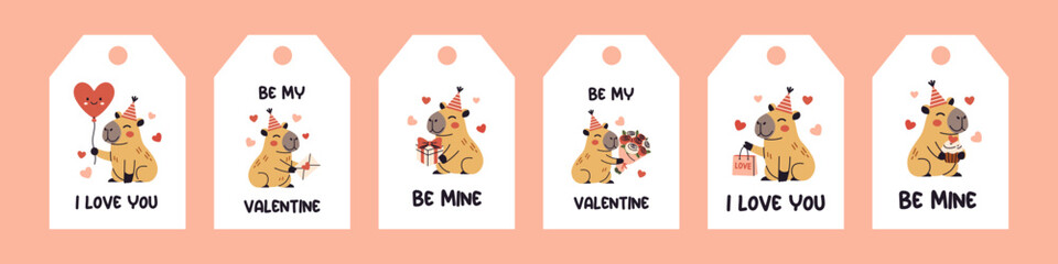 Fototapeta premium Vector horizontal set of cute valentine capybara gift tags and labels. Heart balloon, love letter, gift box, flowers, hopping bag, cupcake. Romantic phrases i love you, be my valentine, be mine.
