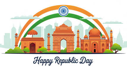 A vibrant illustration of Indian landmarks celebrating Republic Day with the national flag colors