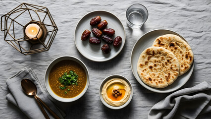 A festive overhead view of a traditional Middle Eastern meal featuring lentil soup, pita bread, dates, hummus, and a flickering candle.