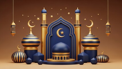 Festive Islamic architectural elements including golden minarets and domes with crescent moon and star symbols and hanging lanterns ramadan eid mosque architecture muslim