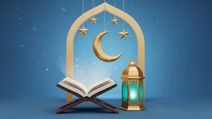 Golden crescent moon and stars hang above an open book on a stand next to a lantern bathed in a soft blue light islam ramadan eid holy quran celebration religion faith spiritual