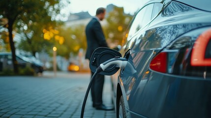 An image of a man filling up an electric vehicle with charging cable connected to the car.