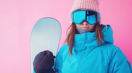 A woman in a blue coat and pink hat is holding a snowboard. She is wearing goggles and a blue jacket