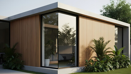 Modern House Exterior with Wooden Walls and Large Glass Windows Surrounded by Greenery