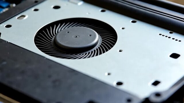Detailed shot of a black plastic laptop cooling fan mounted on a metallic chassis inside a disassembled notebook