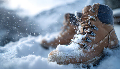 Detailed shot of cozy, water resistant hiking boots nestled in the pristine snow. Snowflakes gently landing on sturdy footwear in a snowy mountain setting