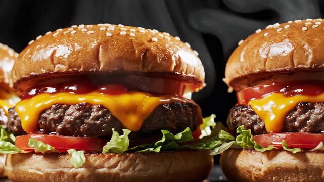 Steaming hot burger with cheese, tomato, and lettuce. Delicious fast food for restaurant menu or advertisement.
