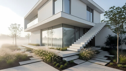 Modern house exterior with staircase and garden at sunrise