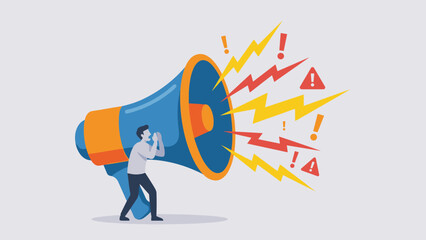 Huge megaphone loudspeaker with sound waves. Tiny man shouting announcement. Alert and warning concept. Marketing promotion advertising. Flat vector illustration. Amplified voice.