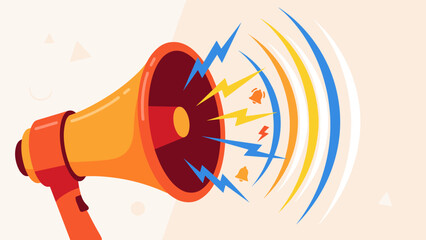 Large orange megaphone with sound waves. Loud announcement alert concept. Flat vector illustration marketing promotion. Broadcast message communication tool. Notification bell speaker