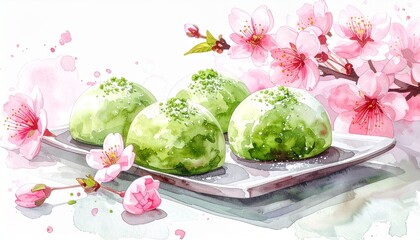 春を感じる桜と抹茶の水彩スイーツ