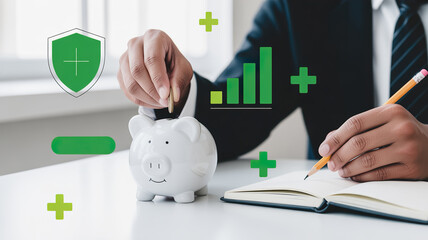 A businessman saving money by putting a coin into a piggy bank while planning finances with a notebook and pencil.