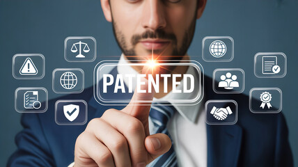 A businessman in a suit interacting with a digital patented icon surrounded by various legal and innovation symbols.