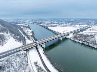 Donald M. Legg and Nitro WWI Memorial Bridge - Snowy Winter Landscape + Kanawha River - West Virginia