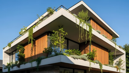Modern house with lush greenery on balconies and rooftop viewed from below against clear blue sky