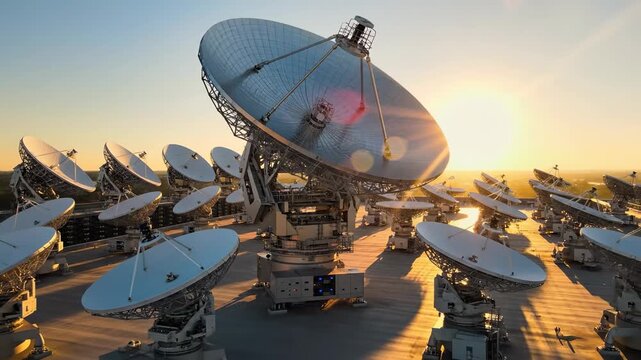 Multiple radio antennas rotating to track the setting sun across a vast field at dusk. Data reception and satellite communication concept.