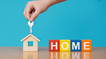 A hand holding a key to a small wooden house next to colorful blocks spelling out the word 'HOME'.