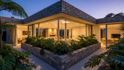 A serene modern house with a large garden at dusk viewed from an elevated perspective